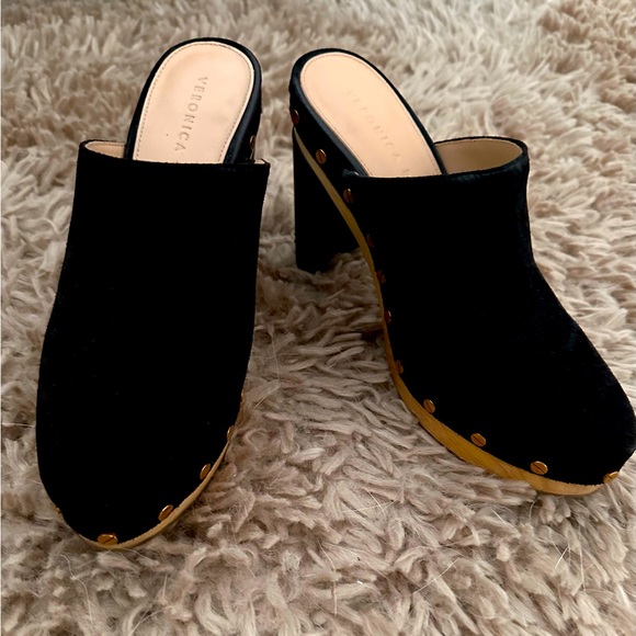 Veronica Beard Grita Clogs, Black crafted in velvety suede & goldtone studs. - Picture 1 of 4